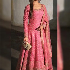 Indian Party Wear Raw Silk Anarkali Suit With Sequins Work, Pink ...