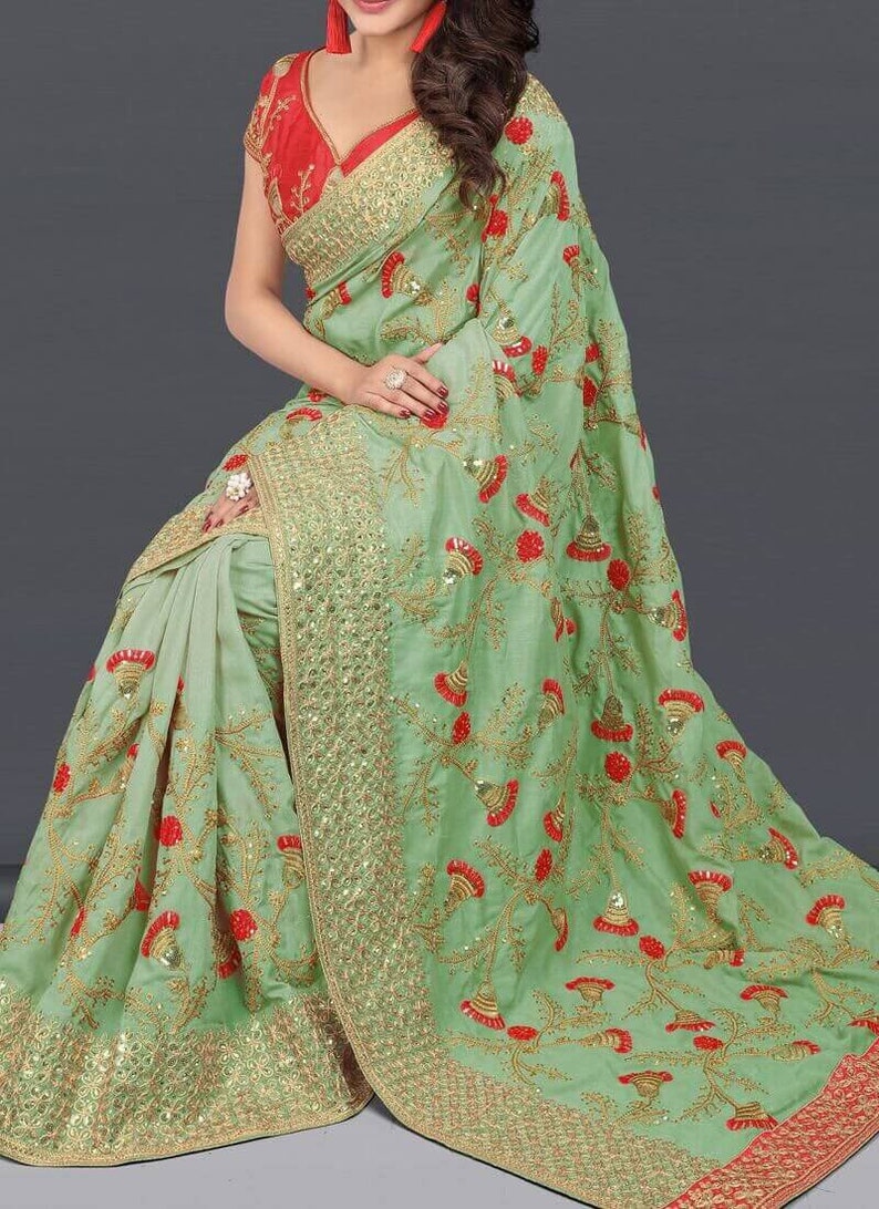 Indian Pastel Green Color Party Wear Saree Silk Base Designer Etsy