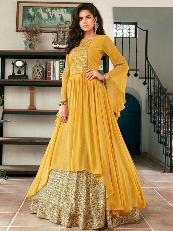 Shop Occur Yellow Satin Blend Embroidered Indowestern Sets and Suits Party  Wear Online at Best Price | Cbazaar