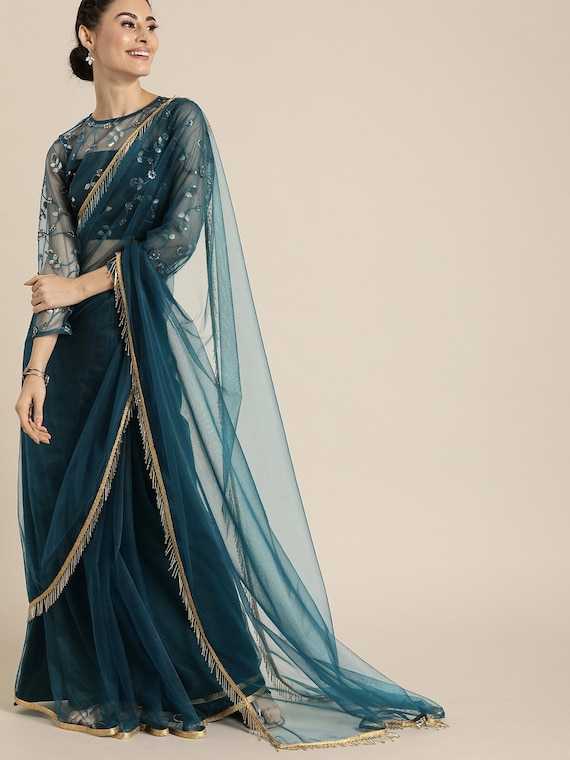 Free Blouse Stitching Indian Teal Blue Net Saree for Women - Etsy