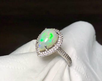 Handmade Rhodium Plated Sterling Silver Opal Ring | 3CT White Opal Halo Pavé Band Zircons