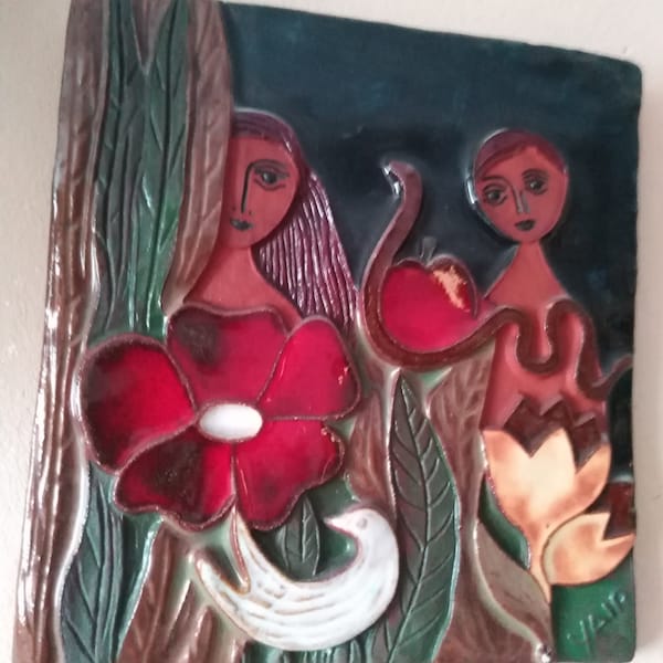 Yair Cohen "Garten Eden" Keramik Kunst Fliese Wandrelief Israel vintage wall plaque handmade