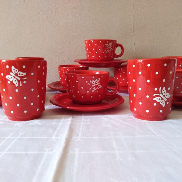 Kaffeeservice Waechtersbach rot Schmetterlinge Polka-Dots vintage Keramik 70/80er Teeservice Becher Tassen Untertassen selten rar Service