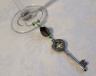 Handmade Beaded Wine Bottle or Glass Charm - Black and Green Beads with Silver Skeleton Key
