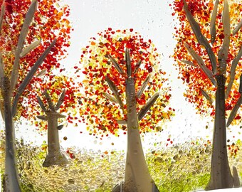 Handmade Fused Glass Autumn Trees Sculpture: Wavy Fall Tabletop Decor (13" x 7")