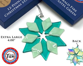 studioTica Pastel Green and Emerald Fire - 12-Point Star - a Handmade Glass Christmas Ornament - Traditional Christmas Tree Stocking Stuffer