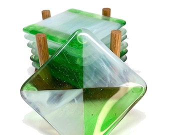 studioTica Green and White Glass Drink Coaster and optional Lighted Wood Base - Barware - Home Décor - Housewarming Gift