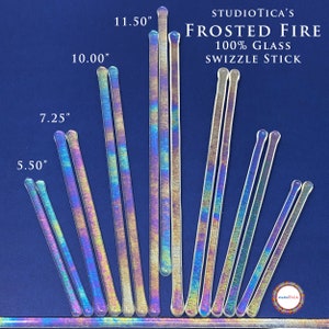 May include: A set of 10 frosted glass swizzle sticks in various lengths, ranging from 5.50 inches to 11.50 inches. The sticks have a iridescent finish with shades of blue, purple, and gold.