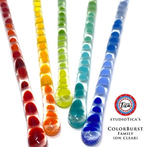 studioTica ColorBurst on Clear - Handmade Glass Swizzle Sticks - Coffee Martini Whisky Cocktail Stirrers. Sold as single or sets
