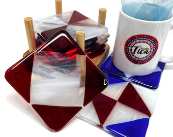 studioTica Red White and Blue Glass Coaster and optional Lighted Wood Base - Barware - Home Décor - Housewarming Gift.