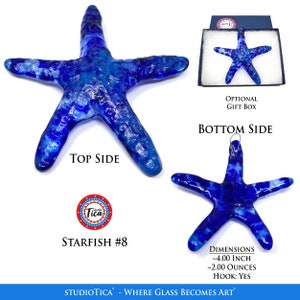 May include: Blue glass starfish ornament with white flecks. The starfish is approximately 4 inches in diameter and weighs 2 ounces. It comes with a hook for hanging and an optional gift box.