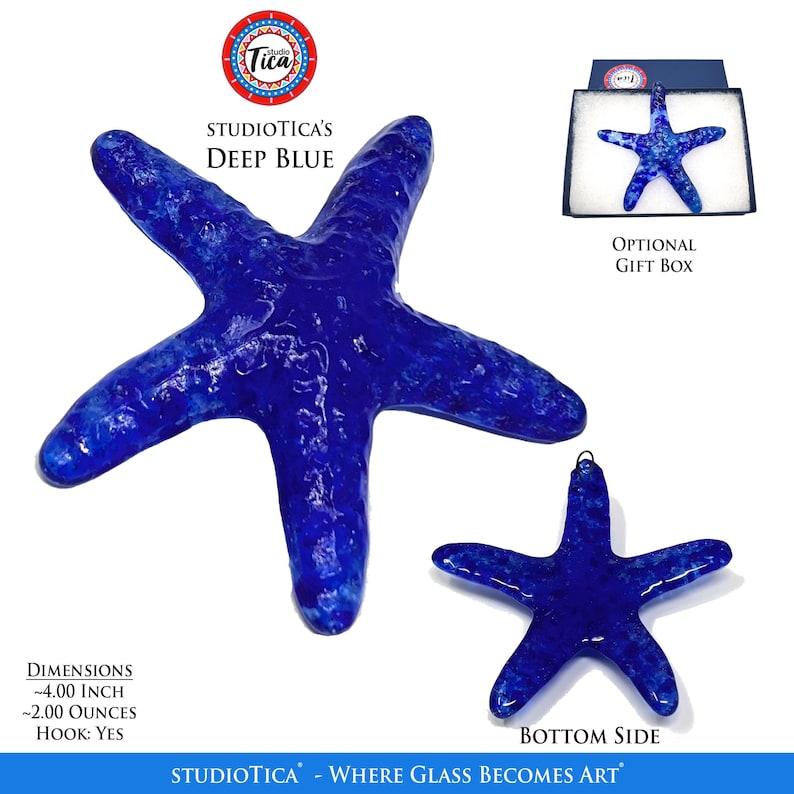 May include: A deep blue glass starfish ornament with a textured surface. The ornament is approximately 4 inches in size and weighs 2 ounces. It comes with a hook for hanging and is available in an optional gift box.