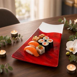 A glass serving tray with a white top end and a red marbled body rests on a wooden table surrounded by lit candles and white orchids.