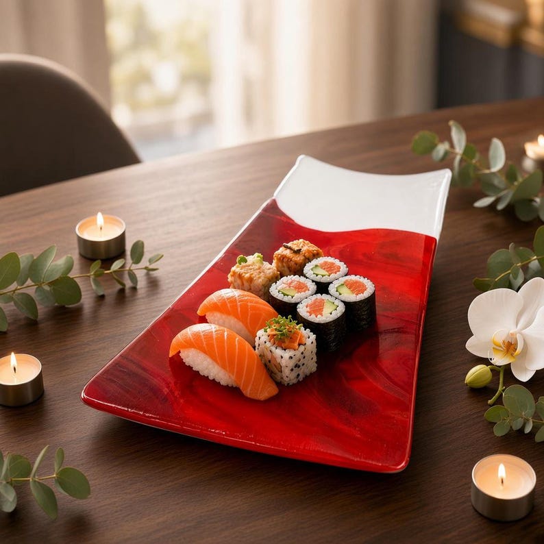 A glass serving tray with a white top end and a red marbled body rests on a wooden table surrounded by lit candles and white orchids.
