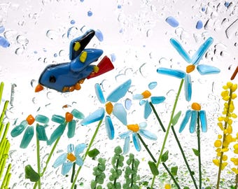 Fused Glass Art: Wildflower Meadow Birds - Handmade Sculpture, Garden Tabletop Decor, | Freestanding 7x13-inch