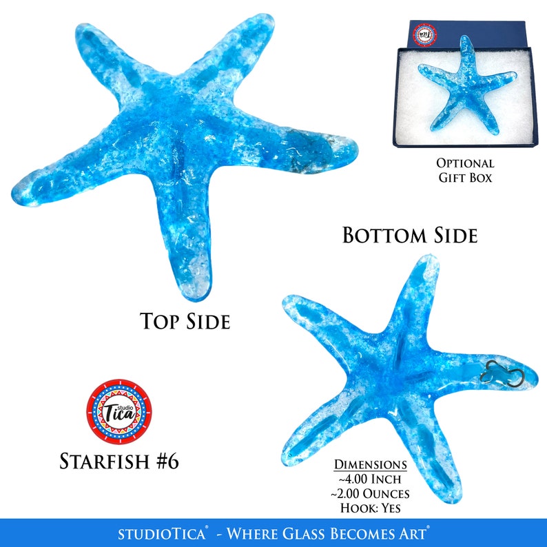 May include: A blue glass starfish with a textured surface. The starfish is approximately 4 inches in size and weighs 2 ounces. It comes with a hook and an optional gift box.  The text "STUDIOTICA - WHERE GLASS BECOMES ART" is printed below the starfish.