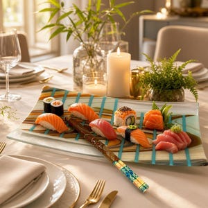 A glass tray with a marbled orange, brown, and turquoise stripe pattern is set on a dining table and loaded with assorted sushi and chopsticks.