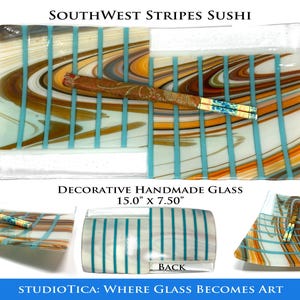 A composite image displaying the Southwest striped glass tray from multiple angles with descriptive text overlays.