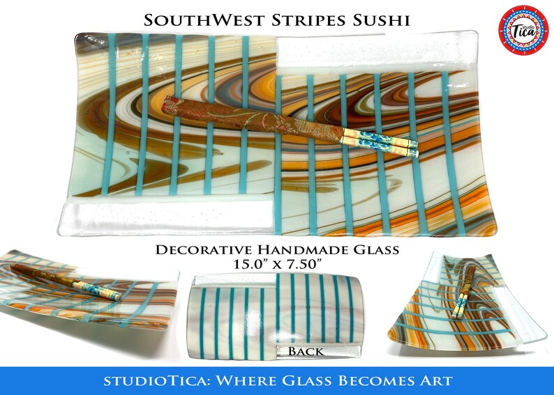 A composite image displaying the Southwest striped glass tray from multiple angles with descriptive text overlays.