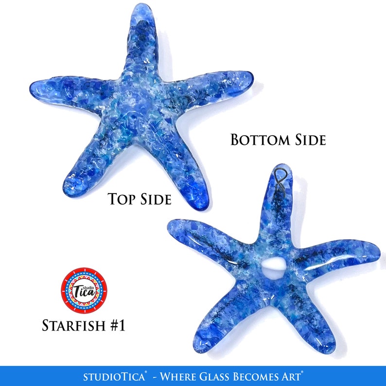 May include: Blue glass starfish ornament with a hole in the centre. The starfish is textured and has a white and blue marbled appearance. The text "STARFISH #1" is visible below the ornament.