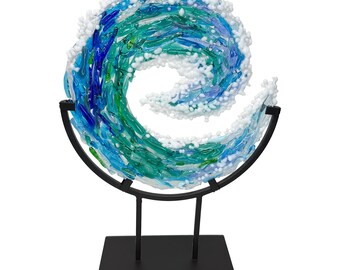 Handmade Fused Glass Wave Sculpture – 8" Art on Stand | Tidal Spiral or Shorebreak