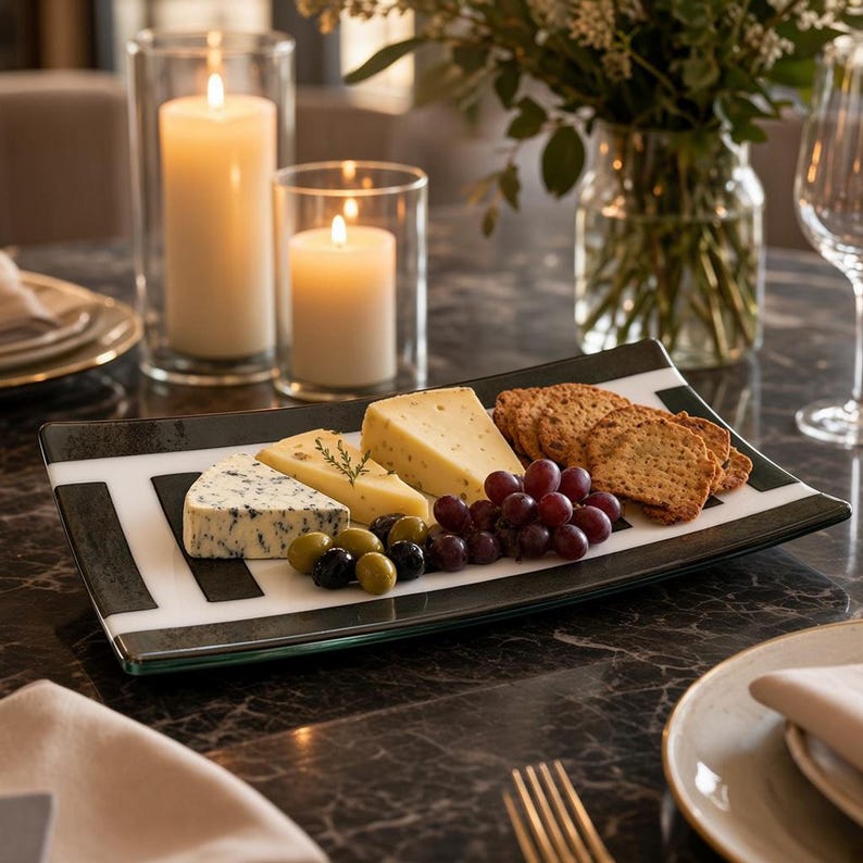 A rectangular glass tray featuring a black and white geometric pattern is filled with cheese wedges, crackers, grapes, and olives on a dark surface.