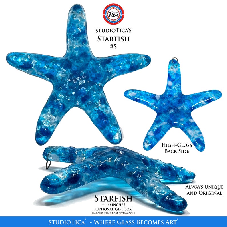 May include: A blue glass starfish ornament with a high-gloss finish. The starfish is approximately 4 inches in size and comes in an optional gift box. "STUDIOTICA - WHERE GLASS BECOMES ART" is printed on the bottom of the image.