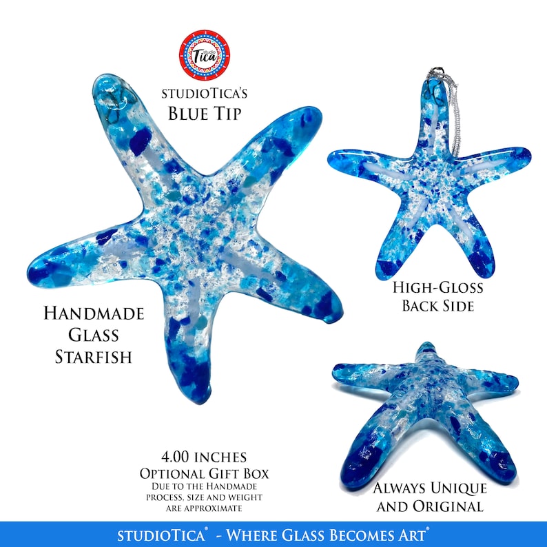 May include: Handmade glass starfish ornament with blue and white glass pieces. The ornament is 4 inches in diameter and has a high-gloss back side. "STUDIOTICA - WHERE GLASS BECOMES ART" is printed on the bottom.