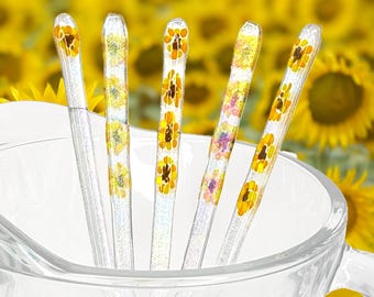 studioTica Sunflower Glass Swizzle Sticks – Handmade Drink Stirrers Sold Individually or in Sets – Optional Gift Box for 7.25&quot; Sets