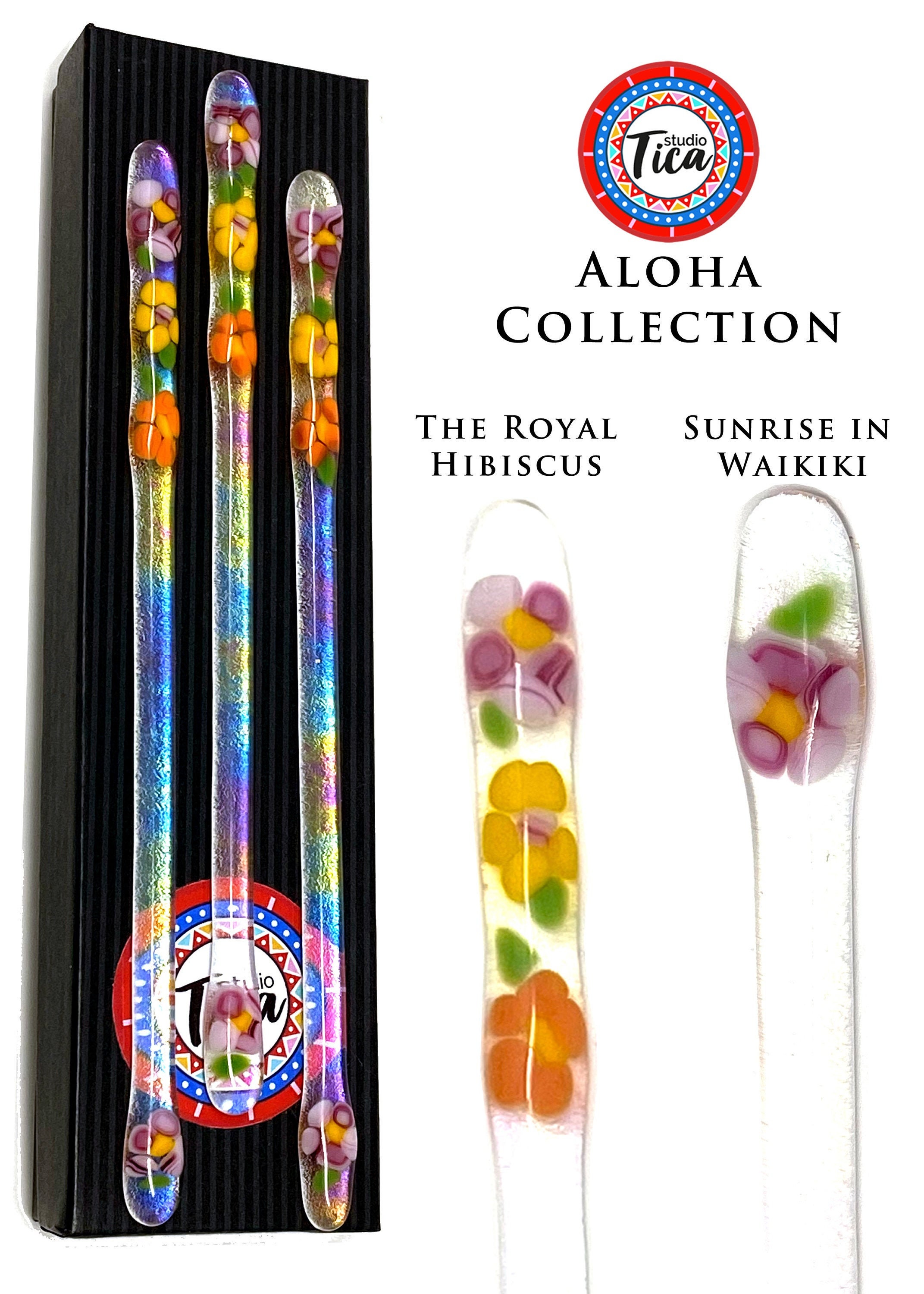 studioTica The Royal Hibiscus + Sunrise in Waikiki - Handmade Glass Swizzle Stirring Sticks, Coffee Java Martini Whisky Cocktail Stirrers