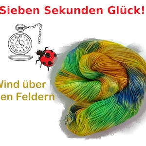 Può includere: Matassa di filato colorato nei toni del giallo, verde e blu. L'immagine include un'illustrazione di orologio da tasca, una coccinella e il testo "Sieben Sekunden Glück!" e "Wind über den Feldern".