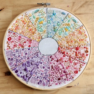 May include: A colorful embroidery hoop art piece with a circular design. The hoop is divided into 12 sections, each with a different pattern and color. The patterns include hearts, stars, flowers, and geometric shapes. The colors are bright and vibrant, including red, orange, yellow, green, blue, purple, and pink.