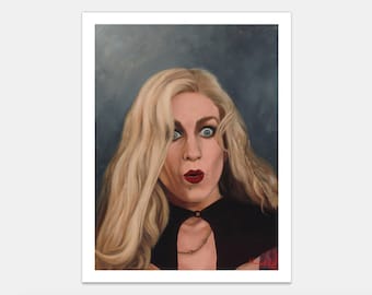May include: A painting of a woman with long blonde hair, wearing a black top with a low neckline. She has a surprised expression on her face with wide, blue eyes and red lipstick.