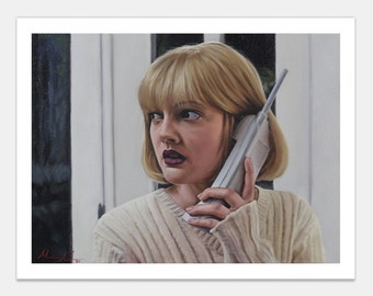 May include: A painting of a woman with blonde hair holding a white rotary phone to her ear. She is wearing a cream-colored sweater and looking off to the side. The background is a blurry image of a white door.