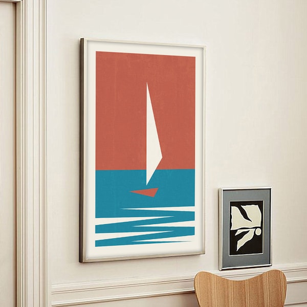 Sailboat, Mid Century Art, Nautical Art Print, Russian Art, Modern Design, Minimal Design, Wall Art Print, Download Print in 3 sizes