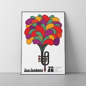 Jamboree 72, Jazz Festival, Music, Trumpet, Colourful, mid century Polish art, 1972, Bedroom, Living room, Office, Download Print in 3 sizes