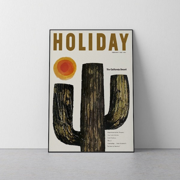 Vakantie California Desert, Travel Poster, 1962, Vintage tijdschriftomslag, Mid Century, Cactus, Woonkamer, Download Print in 3 maten