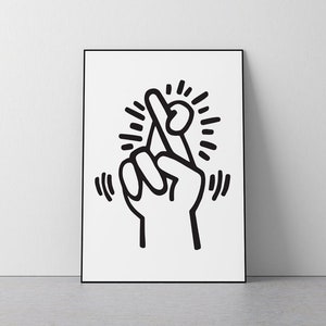 Crossed Fingers, Keith Haring, Luck, Pop art, Graffiti, Black and white, iconic, Living room, Bedroom, Download Print in 3 sizes
