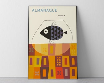 Almanaque Fevereiro 1960, Sebastião Rodrigues, Mid Century Art, 60's, Portugal, Fish bowl, Rare wall Art Print, Download Print in 3 sizes