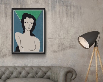 Lady Blue, Japanese art deco, Vintage Art, Art deco poster, Woman, Wall Art Print, Wall Decor, Bedroom, Download Print in 3 sizes