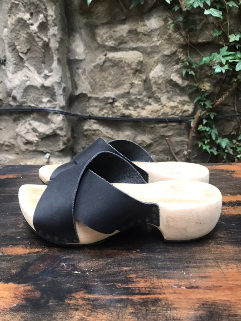 Vintage Leather Swedish Handmade Wooden Clog Sandals EU Size 40