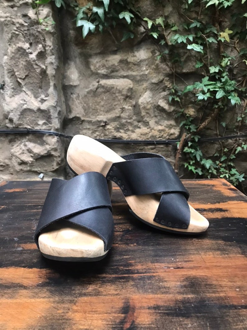 Vintage Leather Swedish Handmade Wooden Clog Sandals EU Size 40