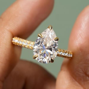 Pear Cut Moissanite Engagement Ring 3 CT Pear Cut Double Hidden Halo Ring 14K Yellow Gold Wedding Ring Pear Shaped Ring Anniversary Ring