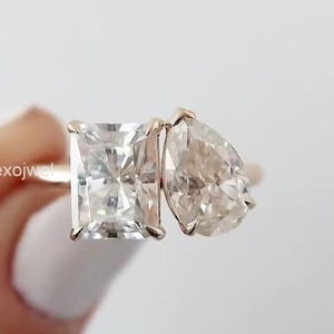 Radiant and Pear Cut Moissanite Diamond Diamond Ring Toi Et Moi Engagement Ring 14K Gold Wedding Ring Anniversary Ring Proposal Ring