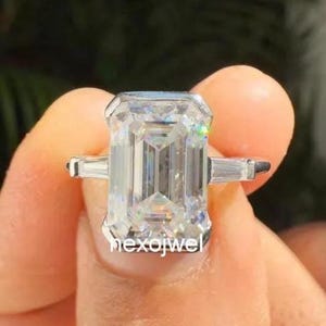 Three Stone Emerald Cut Half Bezel Set Engagement Ring 3 CT Emerald Cut Moissanite Ring 14K Gold Trilogy Wedding Ring Anniversary Ring