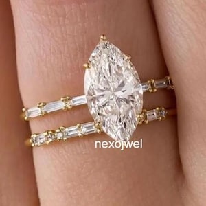 3 CT Marquise Cut Moissanite Diamond Engagement Ring Set Marquise Bridal Ring Set 14K Gold Wedding Ring Set Anniversary Ring Set For Women