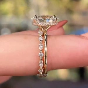 3 CT Oval Cut Moissanite Engagement Ring Set Bridal Ring Set Hidden Halo Ring Set 14K Gold Wedding Ring With Matching Band Bridal Ring Set