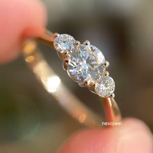 Three Stone 1.5 CT Round Cut Moissanite Diamond Engagement Ring Trio Diamond Ring 14K Yellow Gold Wedding Ring Past Present Future Ring