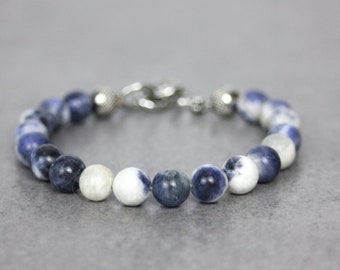 Men's bracelet in natural stones, sodalite beads and stainless steel