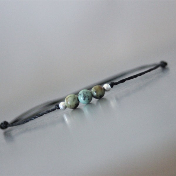 Bracelet cordon femme 3 perles en pierres naturelles, turquoise africaine Ø4mm et perles argent massif 925